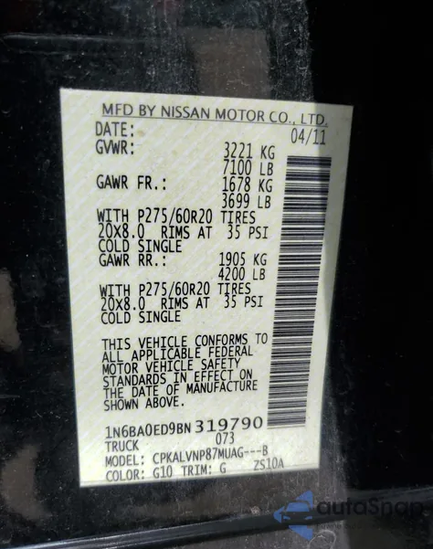 2011 Nissan Titan S z USA, uszkodzony, nr VIN 1N6BA0ED9BN319790